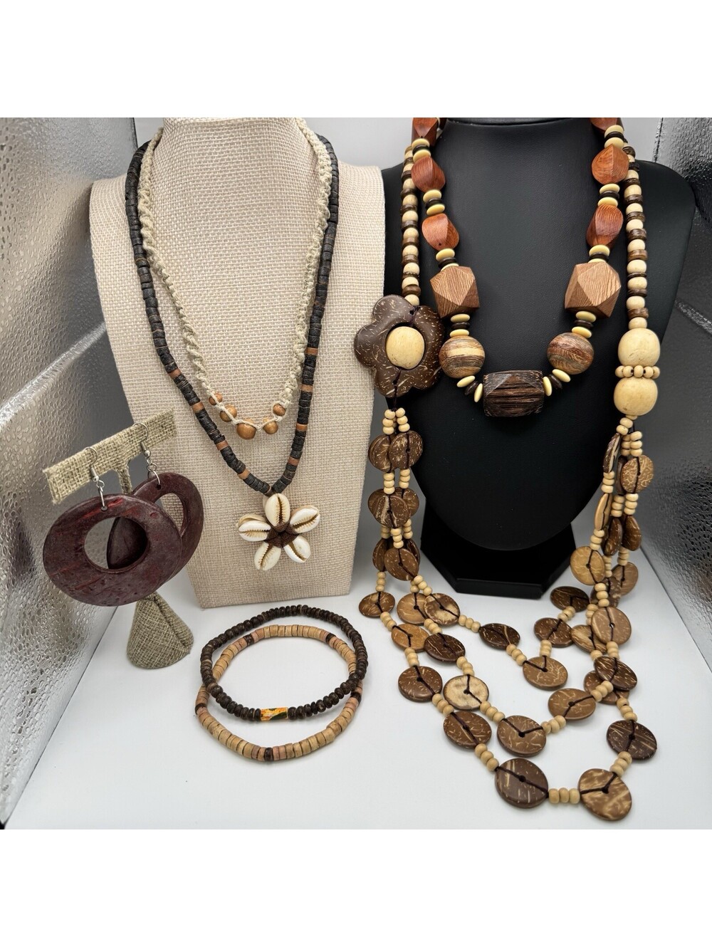 VTG To Now Boho Tribal Jewelry Lot Wood Coconut Cowrie Shell Necklaces Earrings